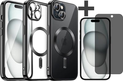 Hoesje met Privacy Screenprotector Geschikt voor iphone 15 Hoesje - Geschikt voor MagSafe - Arara siliconen Backcover - Zwart