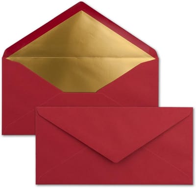 100 Donkerrode DIN Lang Enveloppen (DL) met Goudmetallic Voering - 110x220mm - Feestelijk & Luxe