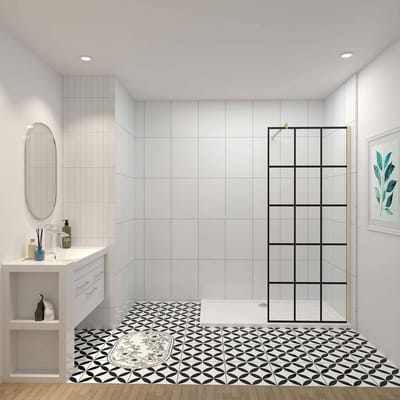 Douchewand-Inloopdouche 120x200cm met mat Zwart kader en raster 8mm NANO EasyClean veiligheidsglas gouden profiel Stabilisatiestang 70-120 cm