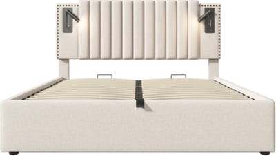 Gotagee Gestoffeerd bed 160x200cm tweepersoonsbed (zonder matras) katoen beige opbergbed met leeslampje en USB-oplaadfunctie klinknageldesign met lattenbodem