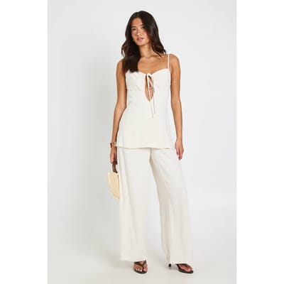 boohoo Dames 2-in-1 Linnen-look Jumpsuit Met Wijde Pijpen En Strikdetail | Stone | Maat: 8