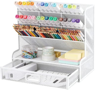 Mesh bureau-organizer Multifunctionele desktop briefpapier pennenhouder voor thuiskantoor schoolbenodigdheden opbergrek-Wit