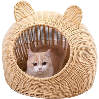 Lit pour Chat Oreilles de Chat Mignon Rotin Imitation Tressé à la Main Respirant Toutes Saisons Lavable Semi-fermé Maison pour Chat d'Intérieur 45x45cm / 17.7x17.7in beige