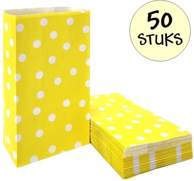 50x Gele Uitdeelzakjes Met Stippen - 13x8x24cm - Stevig Papier - Traktatie Zakjes - Papieren Zakjes - Cadeau Zakjes - Polka Dots - Met Blokbodem - Geel - 50 Stuks