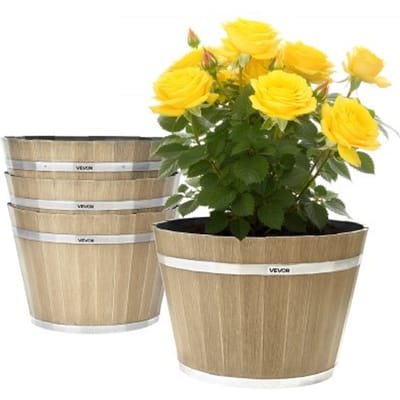 VEVOR Plant Pots, 4-Pack 300 mm Whiskey Barrel Planters met Drainagegaten, Grote Buitenkantoorplastieken Decoratieve Bloembakken Imitatie Wijnbarrel Ontwerp voor Binnen- en Buitengrachten Planten, Bruin
