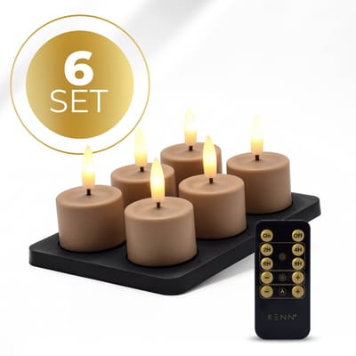 KENN® GlowPro™ Oplaadbare Waxinelichtjes – Tot 350 Branduren – Set van 6 – Bruin/Caramel – Met Afstandsbediening – Magnetisch Oplaadstation – Timer – Realistische Wax-Feel – LED Waxinelichtjes – Oplaadbare Theelichtjes – Oplaadbare Kaarsen – Horeca