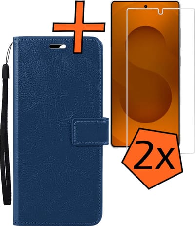 Hoes - Met 2x Screenprotector - Geschikt voor Samsung Galaxy S25 Ultra - Luxe Pasjeshouder - Bookcase Portemonee - Flip Case - Kunstleer Book Case - Flipcase Hoes - Book Cover - Walletcase - PortemonneeHoes - Donkerblauw
