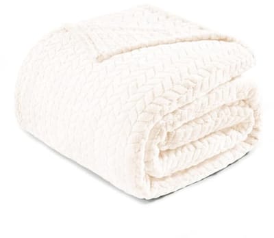 Queen size fleece deken 230 x 230 cm - Zachte jacquard geweven bladeren patroon - Ivoor kleurige pluche beddeken