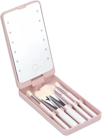 Spiegel - LED Make-up Spiegel Draaibaar - Inclusief 5 Delig Mini Make-up Borstelset - Oplaadbaar via USB - Roze