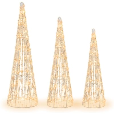 Coast Verlichte Kerstkegelbomen Set van 3 – Warmwit LED – Sterrenslingers – Wit – 81 / 72 / 62 cm – Voor Binnen & Buiten