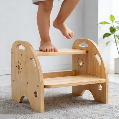 Houten Tredenstoel voor Kinderen met 2 Treden - 32 x 31.8 x 38 cm, Antislip, Handvat, 200 kg Draagcapaciteit voor Badkamer, Keuken en Kinderkamer