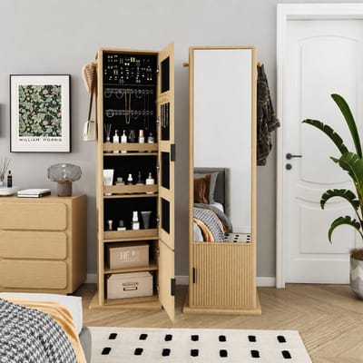 Staande spiegel - 4-in-1 multifunctionele kast met sieradenorganizer - Passpiegels - 360° Draaibare Spiegelkast - 170x55 cm - Met spiegel over de gehele lengte - Met opbergruimte - Houtkleur