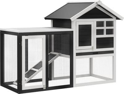 PawHut Konijnenhok Dennenhout 123,5L x 62,6B x 92,5H cm Grijs+Wit