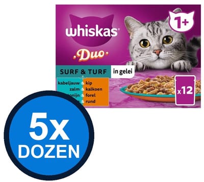 5x Whiskas - 1+ Pouch Adult Gelei Duo Surf & Turf Sel Multipack (12x85g) - Kattenvoer Natvoer - 1.02 kg
