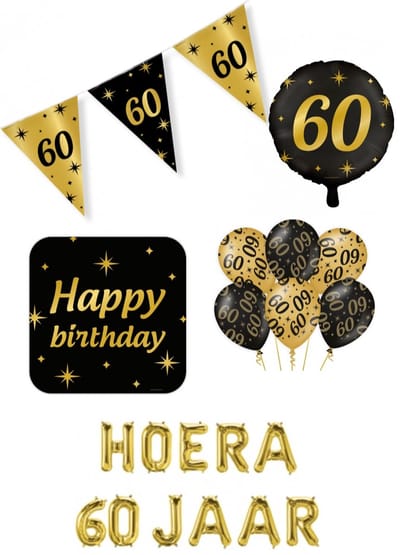 60 jaar Classy Party decoration pakket – luxe glamour goud zwart ballonnen – folieballonnen – vlaggenlijn