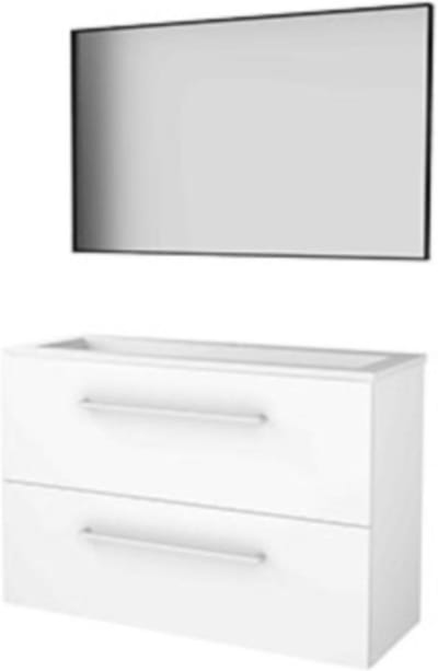 Basic-Line Framed 39 Badkamermeubelset - Ondiep - 100 x 39 cm - Met Grepen - 2 Lades - Acryl Wastafel - 1 Kraangat - Spiegel met Zwart Aluminium Frame - Ice White