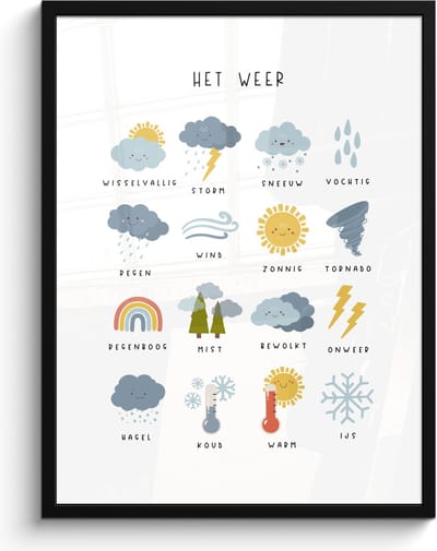 Poster in lijst - Fotolijst 60x80 cm - Posters - Het weer - Leren voor kinderen - Educatief - Regenboog - Zon - Posterlijst zwart - Kamer decoratie - Wanddecoratie kinderkamer - Muurdecoratie babykamer