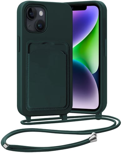Hoesje Geschikt voor iPhone 13 Hoesje Met Telefoonketting Pasjeshouder Case Koord - Hoesje Geschikt voor iPhone 13 Hoes Met Kaarthouder - Donkergroen