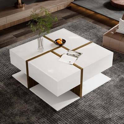 Sweiko Hoogglans Salontafel, Tafel met 4-laden, unieke kleurmatching en lijnontwerp, opbergruimte eronder. 78*78*34,8cm. Verzending in 2 afzonderlijke pakketten, Installatie vereist