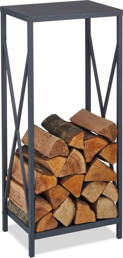 brandhoutrek - metaal - 80 x 34 x 25 cm - stookhout - binnen - poedercoating - grijs