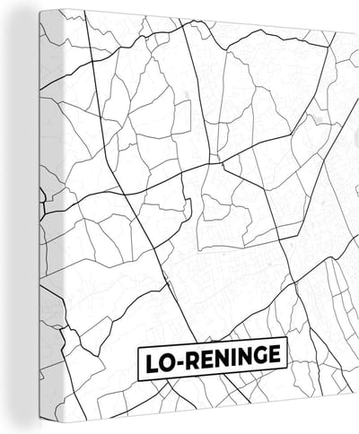 Canvas Schilderij België – Lo Reninge – Stadskaart – Kaart – Zwart Wit – Plattegrond - 20x20 cm - Wanddecoratie
