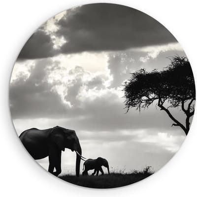 Saammp Muurcirkel Hout - Olifanten - Zwart-Wit - Silhouet - Abstract - Dieren - Ø 90 - Wandcirkel - Wanddecoratie Cirkel - muurdecoratie Woonkamer - Slaapkamer decoratie - Rond Schilderij