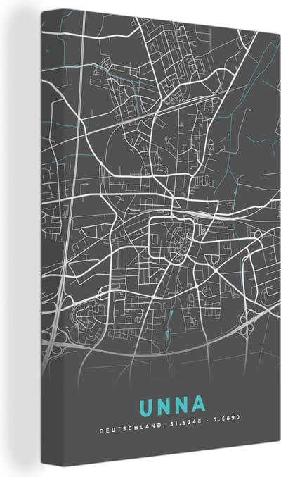 Canvas Schilderij Duitsland – Blauw – Unna – Stadskaart – Kaart – Plattegrond - 20x30 cm - Wanddecoratie