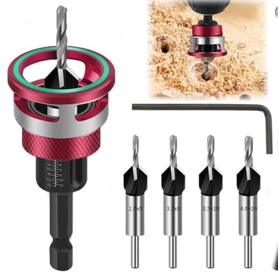 Dailygoods- Verzinkboor Set - Verstelbare Aluminium Dieptestop - HSS M2-Bits - Zeskantschacht 1/4" - Touch-Stop Functie - Voor Houtbewerking - Boorset