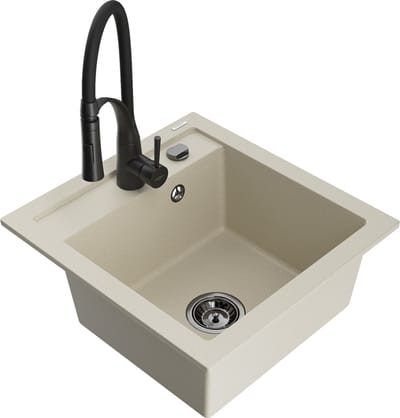 Mexen Vito granieten spoelbak met 1 kom en keukenkraan Aster, beige - 6503-69-73450-70-B