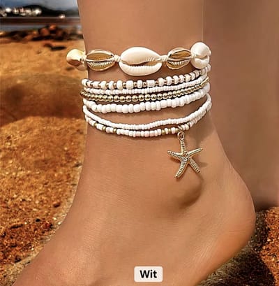 12Getit Enkelbandje - Armbandje met witte kralen schelpen en zeester