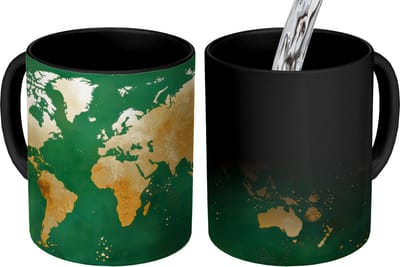 Magische Mok - Foto op Warmte Mokken - Koffiemok - Wereldkaart - Groen - Goud - Magic Mok - Beker - 350 ML - Theemok