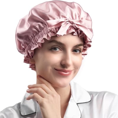 22 Momme 100% Mulberry Zijde Ruffle Douchkap - Dubbelzijdig, Zacht en Ademend met Verstelbare Elastische Band voor Krullend Haar, Roze