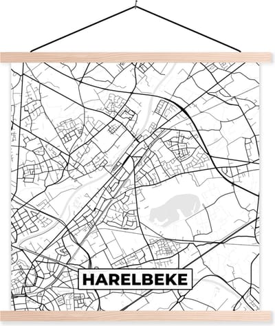 Posterhanger incl. Poster 40x40 cm - Schoolplaat - Stadskaart – Zwart Wit - Kaart – Harelbeke – België – Plattegrond - Textielposter - Blanke latten - Stadskaart