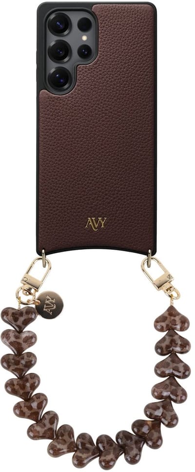 AVY Leren Hoesje Geschikt voor Samsung Galaxy S25 Ultra | Compatibel met MagSafe | Leather Case met Telefoonkoord | Polsband | Chocolate | Cupid Leopard