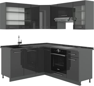 Vicco Hoekkeuken Fame-Line, Antraciet Hoogglans/Antraciet, 190 x 160 cm zonder werkblad