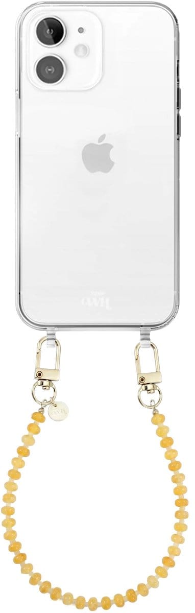 xoxo Wildhearts siliconen hoesje geschikt voor iPhone 12 - Dusty Yellow - Kort koord - Telefoonhoesje - Hoesje met koord - Kralenketting - Geel telefoonkoord - Transparant hoesje
