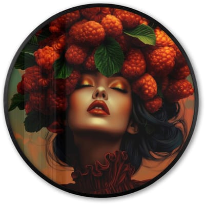 Poster in lijst Rond - Fotolijst 60x60 cm - Posters - Vrouw - Frambozen - Bladeren - Ronde posterlijst zwart - Decoratie - Wanddecoratie woonkamer - Muurdecoratie slaapkamer