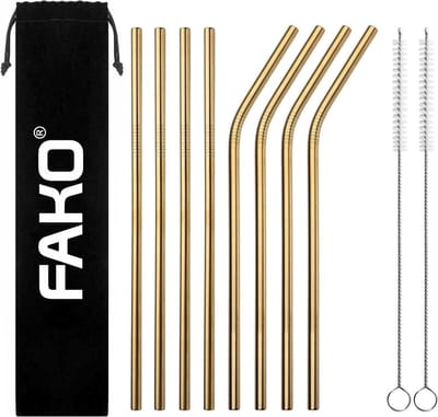 Fako Bijoux - RVS Rietjes - 8 Stuks - Recht & Gebogen - Herbruikbaar - 21 cm - 2 Schoonmaakborsteltjes - Goud - Goudkleurig