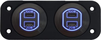 ProRide 12-24V USB C Autolader 2 Poorten Inbouw - 100W+20W - Tweevoudig Paneel - Blauw - 2 Stuks