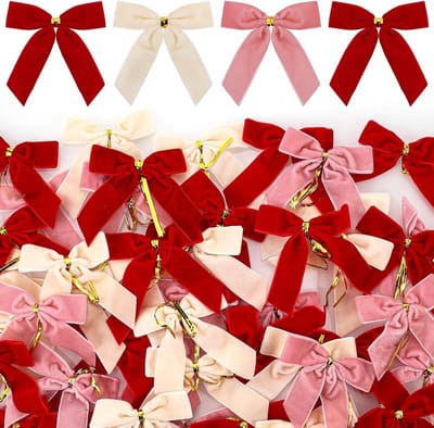 Set van 50 Kerstboomstrikken, 12 x 10 cm, Fluwelen Decoraties voor Kerstbomen, Versiering voor Feestdagen en Cadeaus (Rood + Roze + Beige)