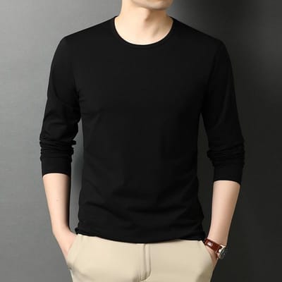 Herfst Nieuw Dubbelzijdig Gemerceriseerd T-shirt met Lange Mouwen Heren Los en Veelzijdig Ronde Hals Heren Wit Onderhemd Top XXXXL black