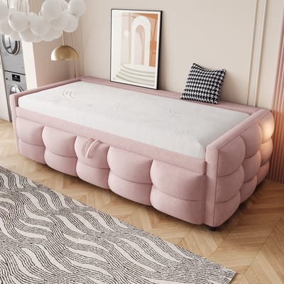 MODENUIT Uitschuifbed 90/180x190 cm – Met Lattenbodem – Eenpersoons-/Tweepersoonsbed – Teddystof – Zonder matras – Roze