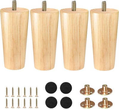 Set van 4 Houten Kegelvormige Meubelpoten 12 cm met Montageplaten en Viltglijders voor Bank, Kast en Tafel