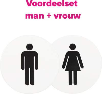 Wc bordjes – Voordeelset van 2 - Man - Vrouw – Rond – Wit met Zwart – 10 x 10 cm - Toilet bordje – Deurbord – Zelfklevend