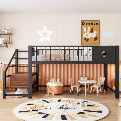 Halfhoogslaper 90 x 200 cm - kinderbed met opbergladder - metalen frame - voor kinderen en tieners - zwart - zonder matras