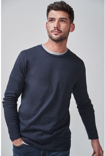 Next - Heren - Slim-fit T-shirt met lange mouwen en ronde hals - Blauw