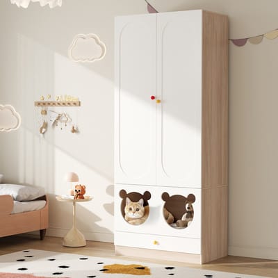 Wishdor - Kinderkledingkast - Met Kledingroede En Rustplek Voor Huisdier - Minimalistisch - Kinderkamer - MDF - Naturel En Wit - 80 x 50 x 200 cm