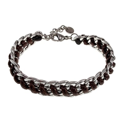 15cm tot 19cm Armband Unisex - Donkerbruine Armband - Gepolijst RVS - Cubaanse Armband met Donkerbruin Koord - Verstelbaar