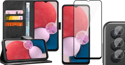 Hoesje geschikt voor Samsung Galaxy A13 4G - Book Case Kunstleer Wallet Cover Portemonnee Pasjeshouder Hoes Zwart - Full Tempered Glass Screenprotector - Camera Lens Protector