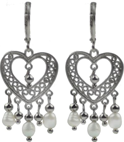 Zoetwater parel oorbellen Haïsha - oorhangers - echte parels - edelstaal - wit - hart - sieraden zakje - parel oorbellen dames